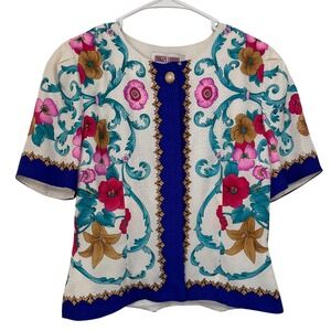 Maggy London Floral Print‎ Silk Button Up Top Ivory Blue Size 8 Vintage